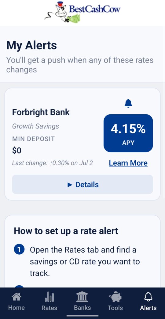 My Alerts screen showing a tracked Forbright Bank rate