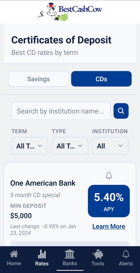 Certificates of Deposit screen with One American Bank 5.40% APY